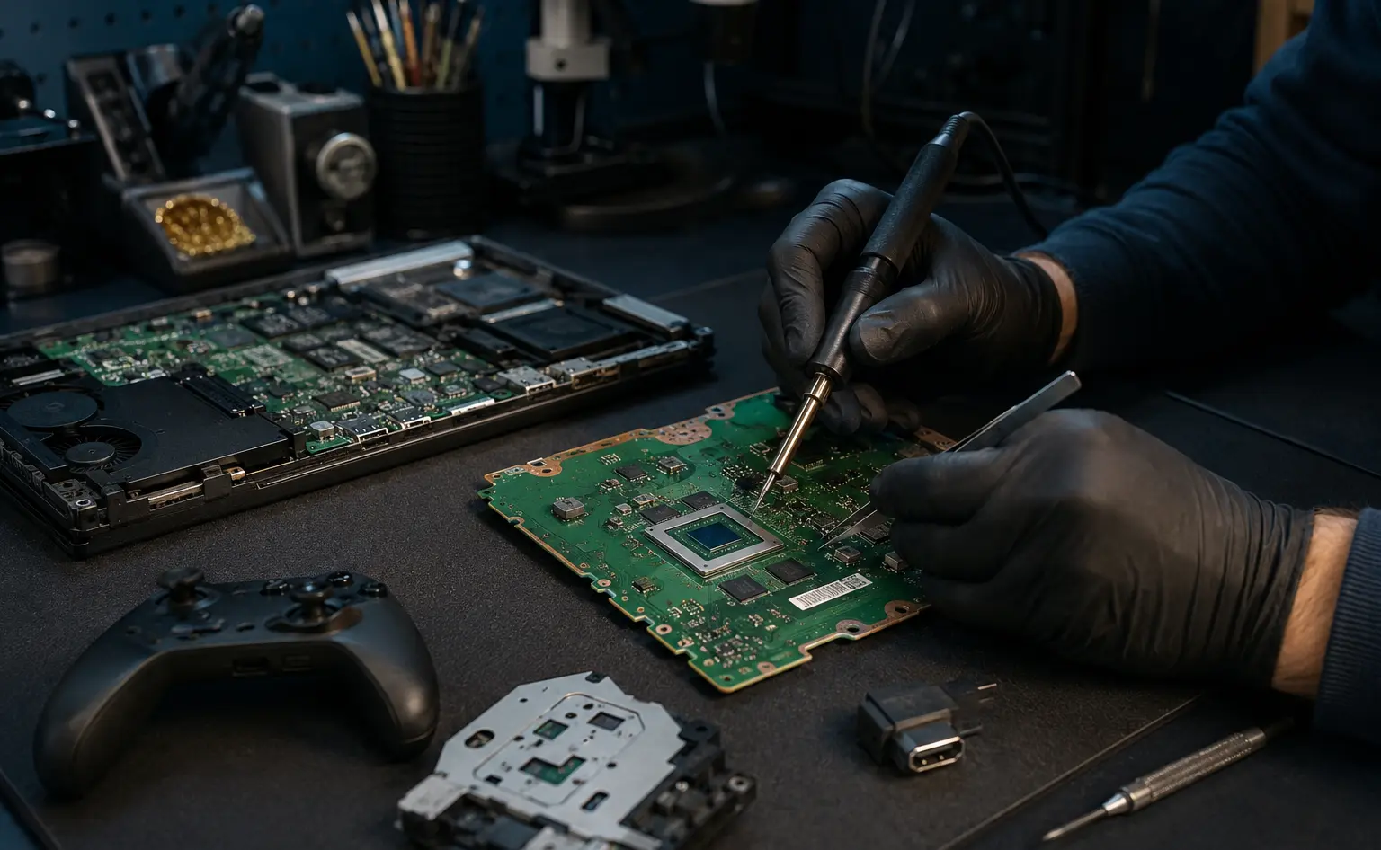 Precision microsoldering on computer and game-console hardware